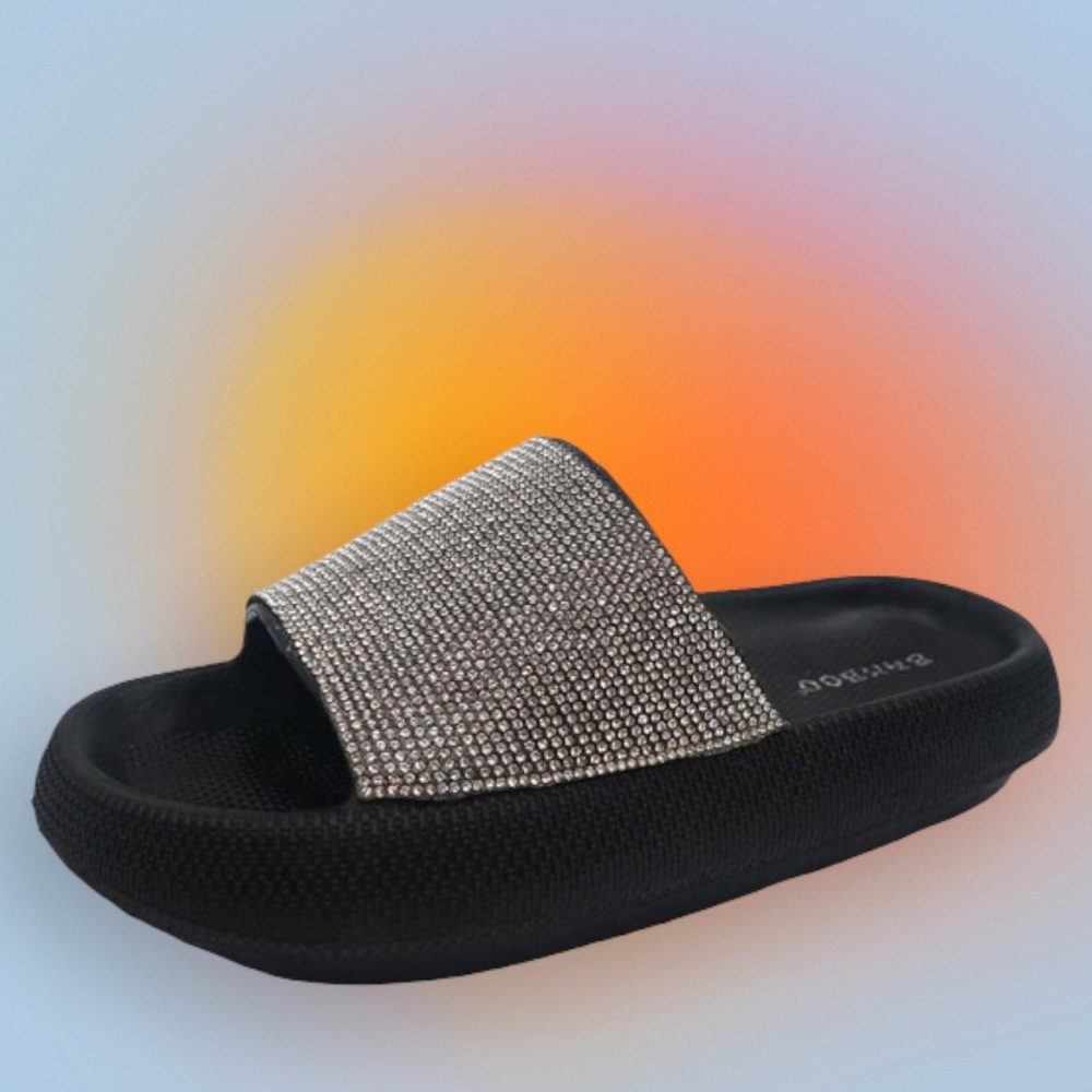Last Chance! Bamboo White w/ Silver Rhinestone Slip-On Comfort Slide Sandal - Picture 8 of 8